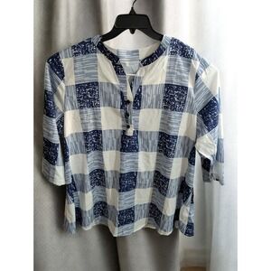 Blue White Top Plus Size 3XL XXX Checkered Plaid Blouse Shirt Button Neck 3/4SLV